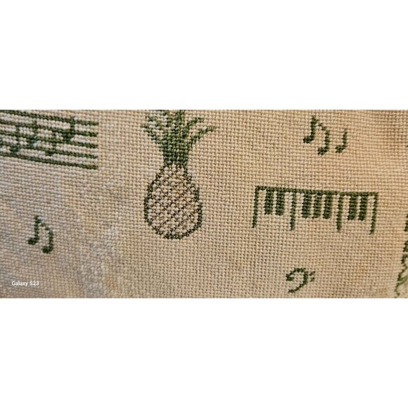 Vintage Needlepoint Pillow With Pineapple & Music Motif Olive Green & Beige - Picture 3 of 8